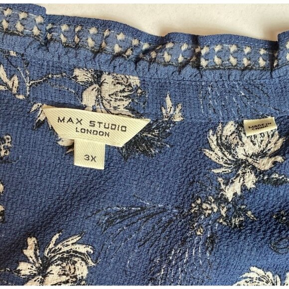 Max Studio Womens Blouse Dusty Blue Floral Bishop Sleeve Ruffle Collar Sz 3X - Picture 4 of 9